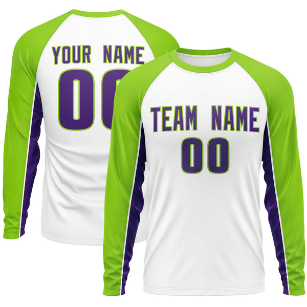 Custom White Neon Green Crew Neck Raglan Long Sleeve Performance T-Shirt | BuyFootballJersey