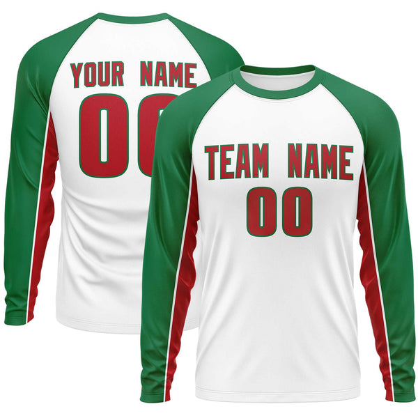 Custom White Kelly Green Crew Neck Raglan Long Sleeve Performance T-Shirt | BuyFootballJersey