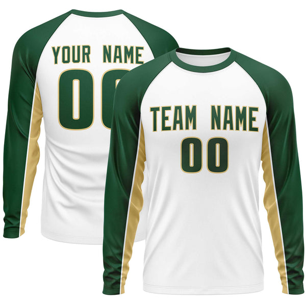 Custom White Green Crew Neck Raglan Long Sleeve Performance T-Shirt | BuyFootballJersey