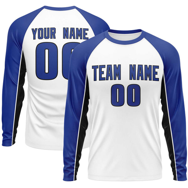 Custom White Royal Crew Neck Raglan Long Sleeve Performance T-Shirt | BuyFootballJersey
