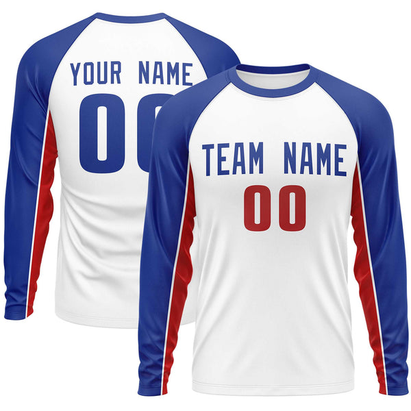 Custom White Royal Crew Neck Raglan Long Sleeve Performance T-Shirt | BuyFootballJersey