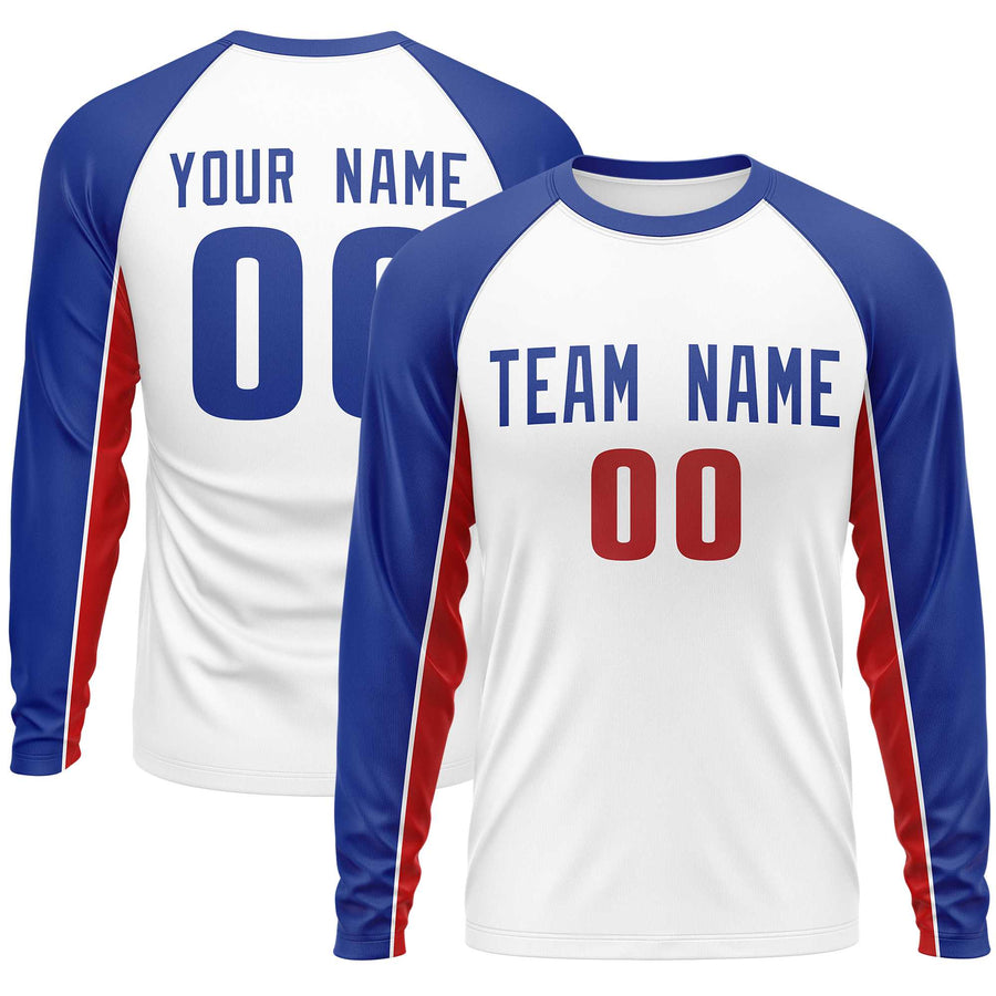Custom White Royal Crew Neck Raglan Long Sleeve Performance T-Shirt | BuyFootballJersey