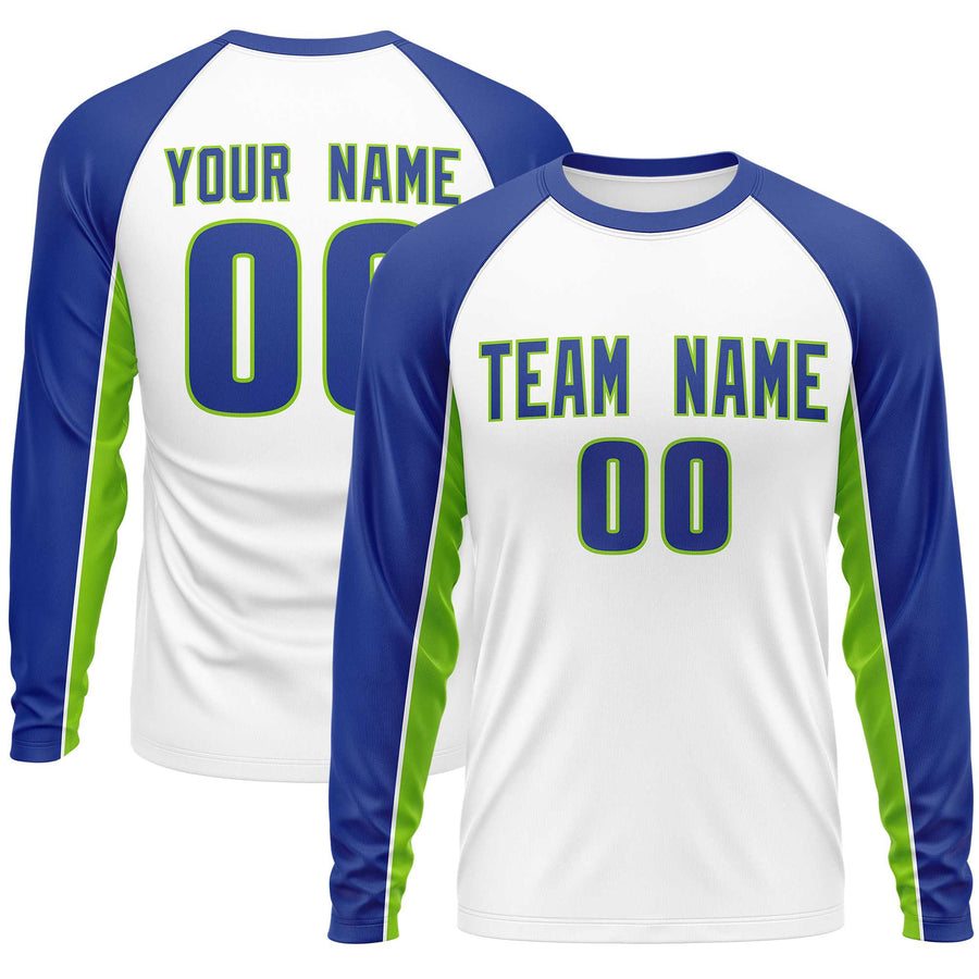 Custom White Royal Crew Neck Raglan Long Sleeve Performance T-Shirt | BuyFootballJersey