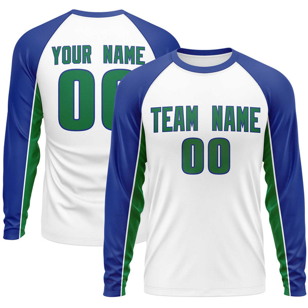Custom White Royal Crew Neck Raglan Long Sleeve Performance T-Shirt | BuyFootballJersey