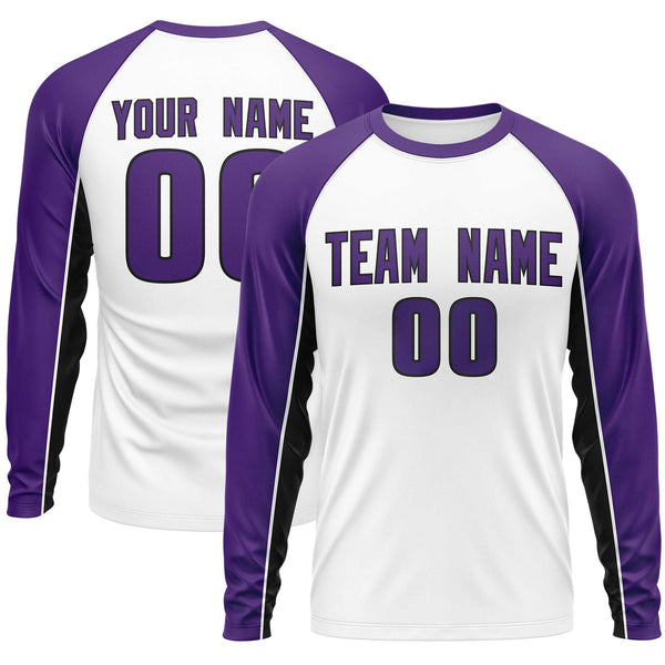 Custom White Purple Crew Neck Raglan Long Sleeve Performance T-Shirt | BuyFootballJersey