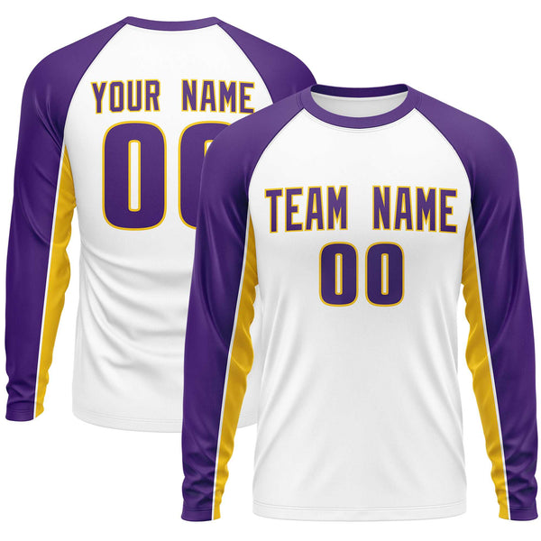 Custom White Purple Crew Neck Raglan Long Sleeve Performance T-Shirt | BuyFootballJersey