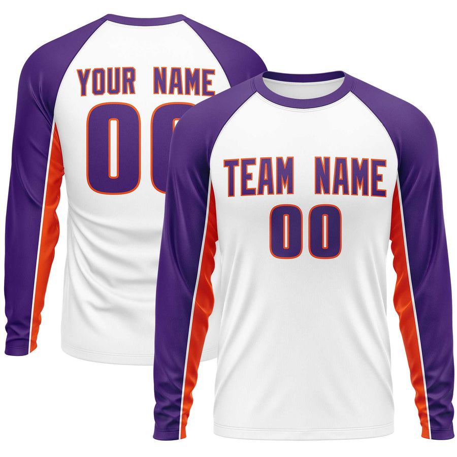 Custom White Purple Crew Neck Raglan Long Sleeve Performance T-Shirt | BuyFootballJersey