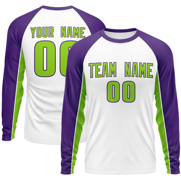 Custom White Purple Crew Neck Raglan Long Sleeve Performance T-Shirt | BuyFootballJersey