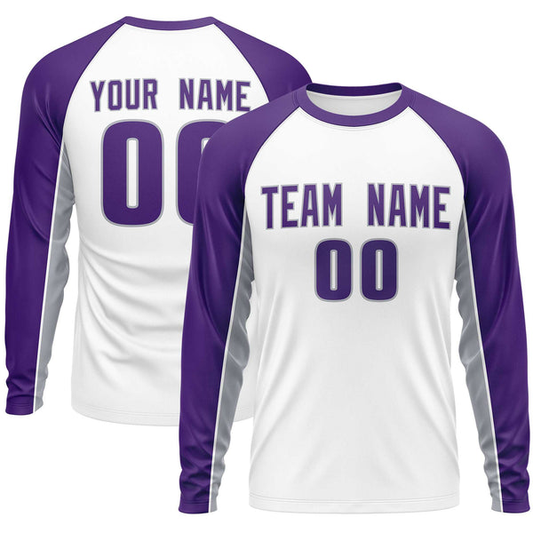 Custom White Purple Crew Neck Raglan Long Sleeve Performance T-Shirt | BuyFootballJersey