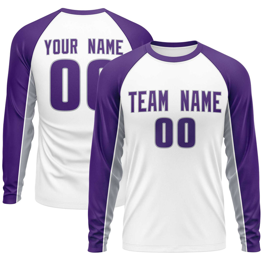 Custom White Purple Crew Neck Raglan Long Sleeve Performance T-Shirt | BuyFootballJersey