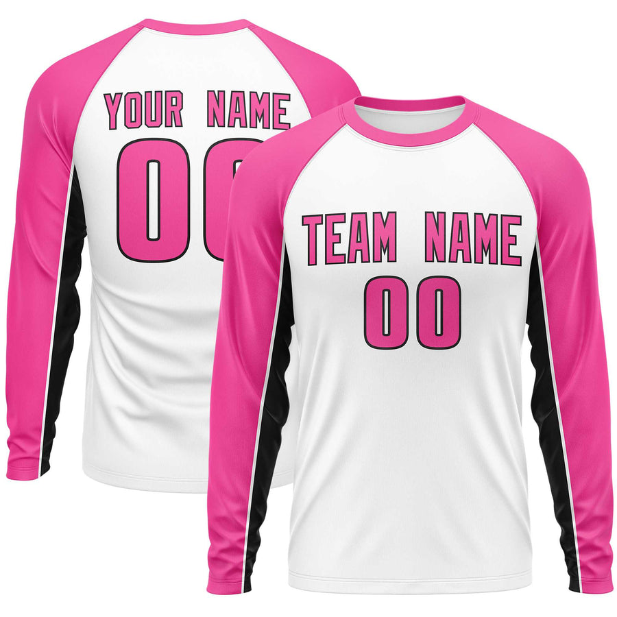 Custom White Pink Crew Neck Raglan Long Sleeve Performance T-Shirt | BuyFootballJersey