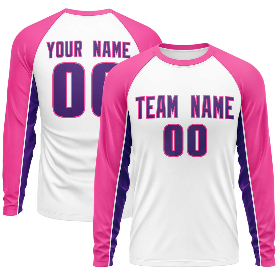 Custom White Pink Crew Neck Raglan Long Sleeve Performance T-Shirt | BuyFootballJersey