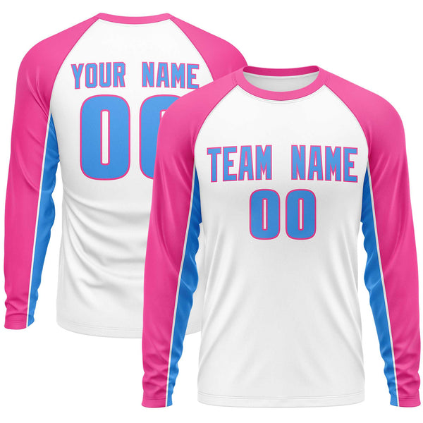 Custom White Pink Crew Neck Raglan Long Sleeve Performance T-Shirt | BuyFootballJersey