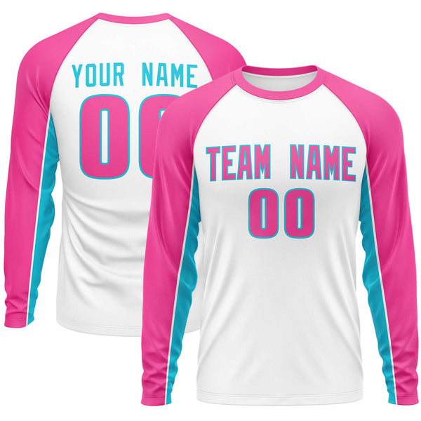Custom White Pink Crew Neck Raglan Long Sleeve Performance T-Shirt | BuyFootballJersey
