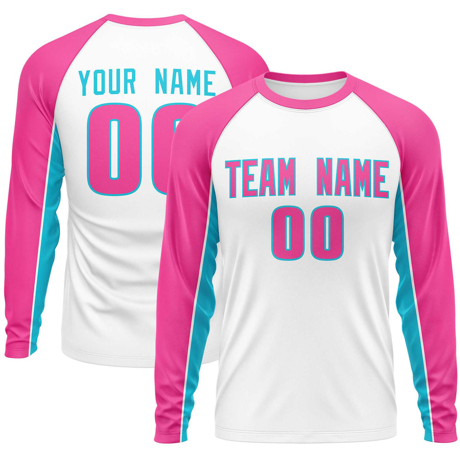 Custom White Pink Crew Neck Raglan Long Sleeve Performance T-Shirt | BuyFootballJersey