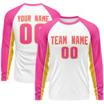 Custom White Pink Crew Neck Raglan Long Sleeve Performance T-Shirt | BuyFootballJersey