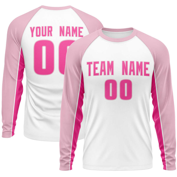 Custom White Light Pink Crew Neck Raglan Long Sleeve Performance T-Shirt | BuyFootballJersey