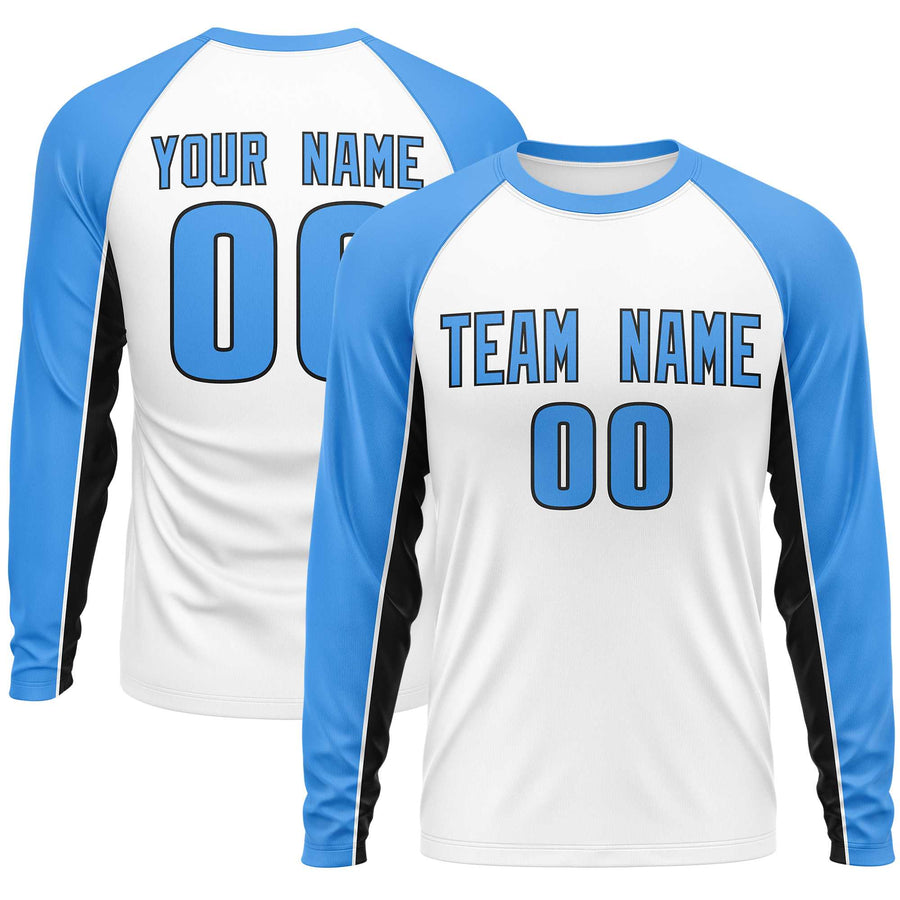 Custom White Powder Blue Crew Neck Raglan Long Sleeve Performance T-Shirt | BuyFootballJersey