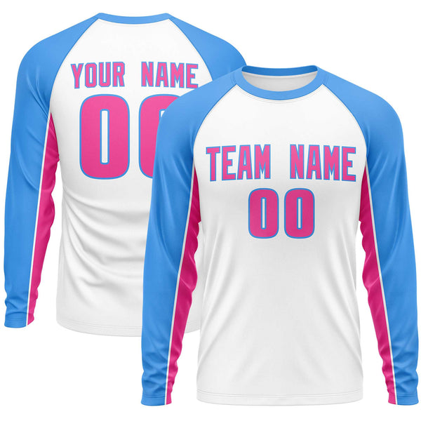 Custom White Powder Blue Crew Neck Raglan Long Sleeve Performance T-Shirt | BuyFootballJersey