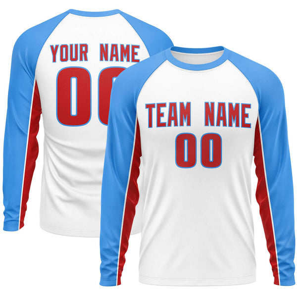 Custom White Powder Blue Crew Neck Raglan Long Sleeve Performance T-Shirt | BuyFootballJersey