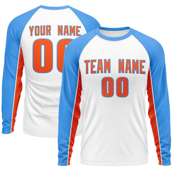 Custom White Powder Blue Crew Neck Raglan Long Sleeve Performance T-Shirt | BuyFootballJersey