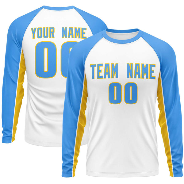 Custom White Powder Blue Crew Neck Raglan Long Sleeve Performance T-Shirt | BuyFootballJersey