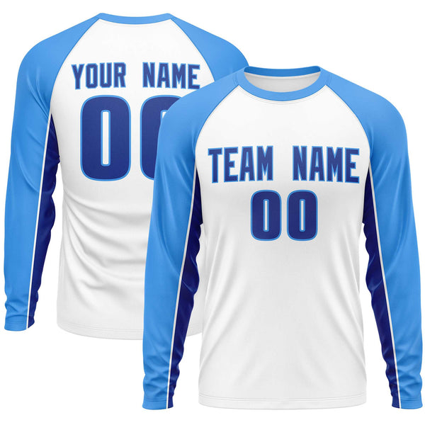 Custom White Powder Blue Crew Neck Raglan Long Sleeve Performance T-Shirt | BuyFootballJersey