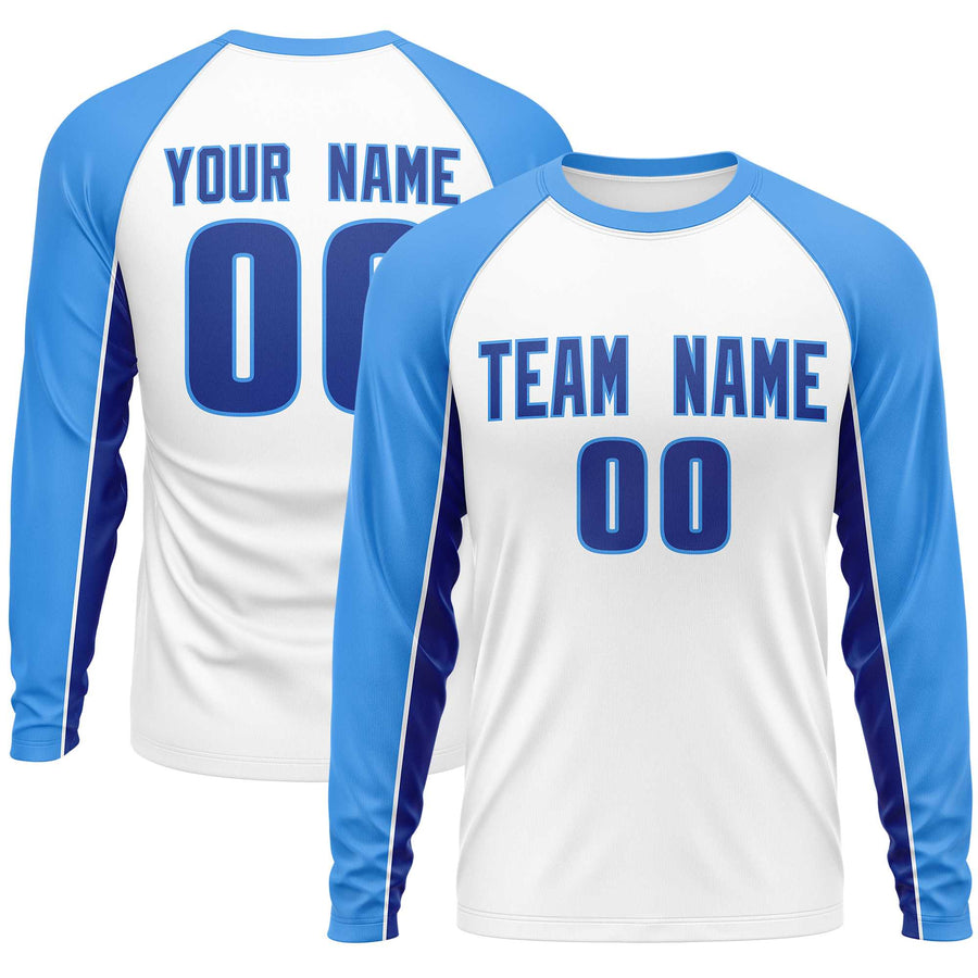 Custom White Powder Blue Crew Neck Raglan Long Sleeve Performance T-Shirt | BuyFootballJersey