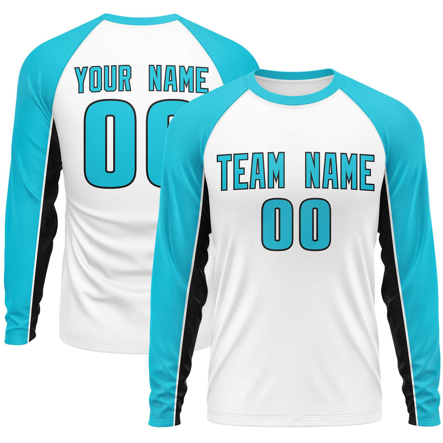 Custom White Sky Blue Crew Neck Raglan Long Sleeve Performance T-Shirt | BuyFootballJersey