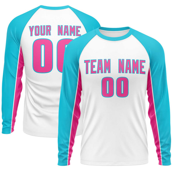Custom White Sky Blue Crew Neck Raglan Long Sleeve Performance T-Shirt | BuyFootballJersey