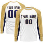 Custom White Old Gold Crew Neck Raglan Long Sleeve Performance T-Shirt | BuyFootballJersey