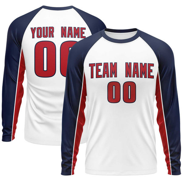 Custom White Navy Crew Neck Raglan Long Sleeve Performance T-Shirt | BuyFootballJersey