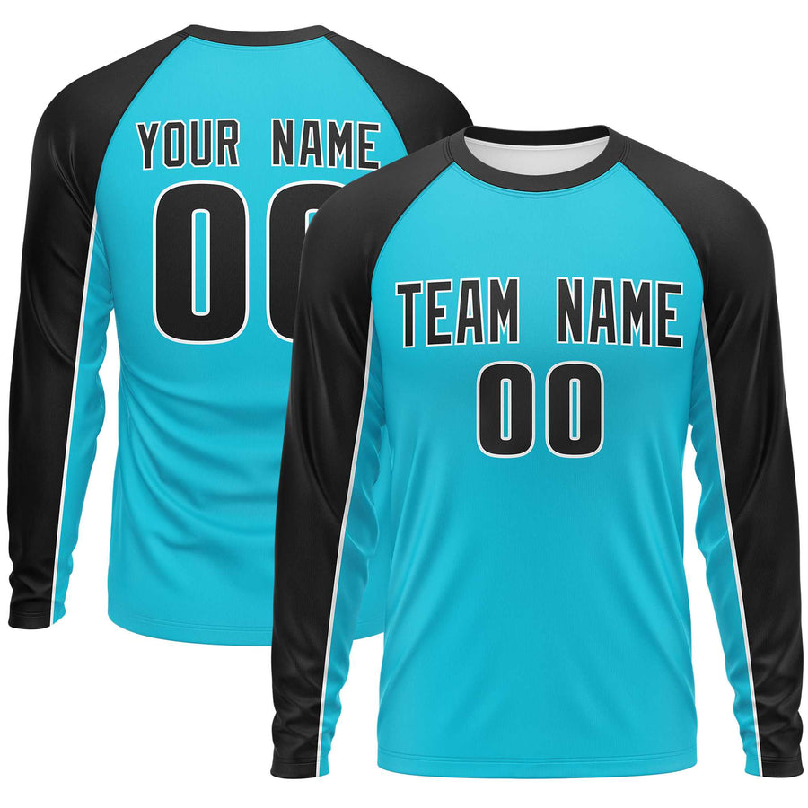 Custom Sky Blue Black Crew Neck Raglan Long Sleeve Performance T-Shirt | BuyFootballJersey