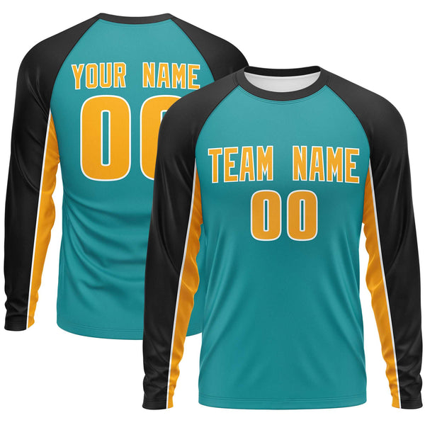 Custom Aqua Black Crew Neck Raglan Long Sleeve Performance T-Shirt | BuyFootballJersey