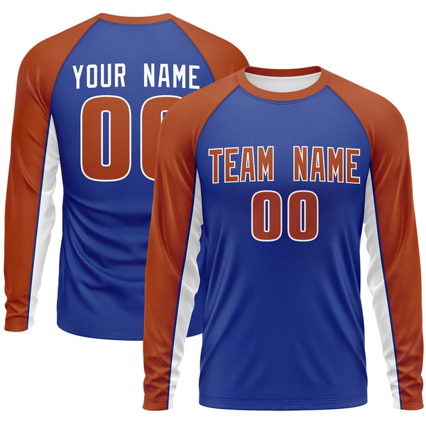 Custom Royal Texas Orange Crew Neck Raglan Long Sleeve Performance T-Shirt | BuyFootballJersey