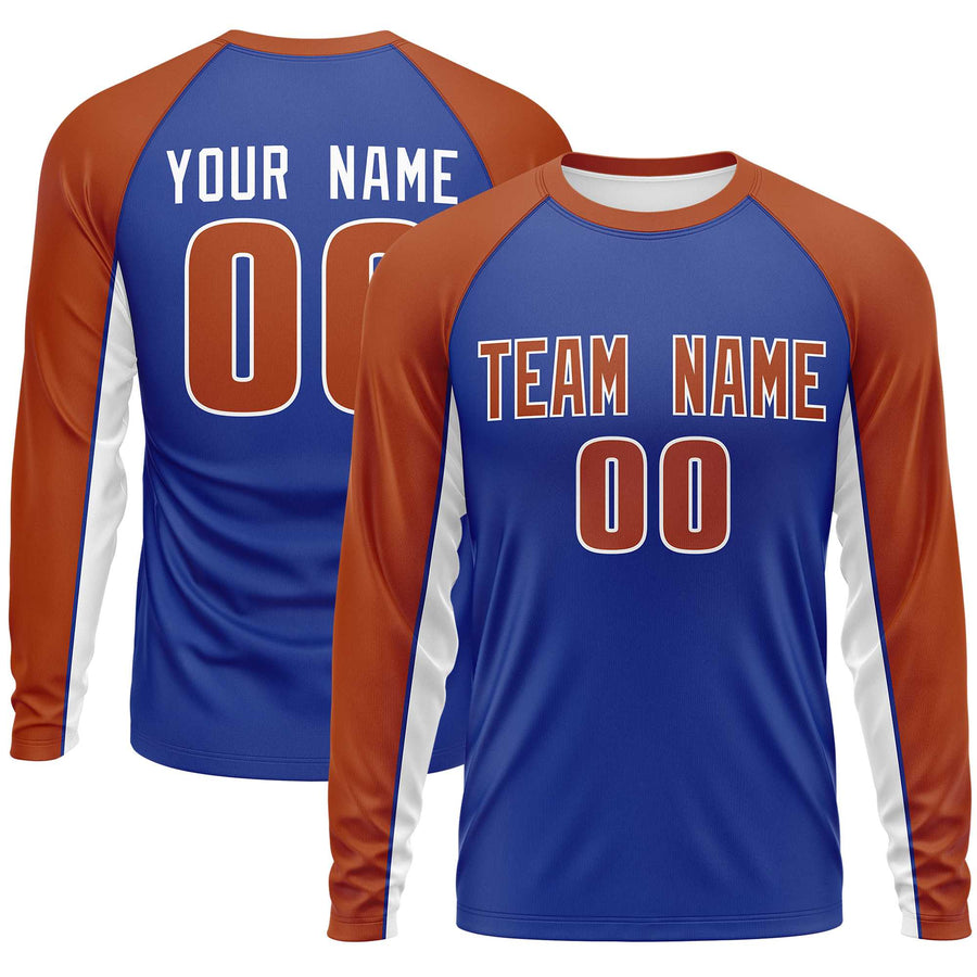 Custom Royal Texas Orange Crew Neck Raglan Long Sleeve Performance T-Shirt | BuyFootballJersey