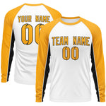 Custom White Yellow Crew Neck Raglan Long Sleeve Performance T-Shirt | BuyFootballJersey