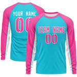 Custom Sky Blue Pink Crew Neck Raglan Long Sleeve Performance T-Shirt | BuyFootballJersey