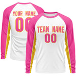 Custom White Pink Crew Neck Raglan Long Sleeve Performance T-Shirt | BuyFootballJersey