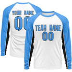 Custom White Powder Blue Crew Neck Raglan Long Sleeve Performance T-Shirt | BuyFootballJersey