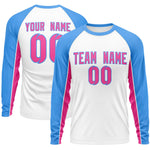 Custom White Powder Blue Crew Neck Raglan Long Sleeve Performance T-Shirt | BuyFootballJersey