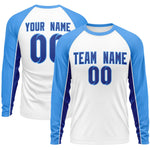 Custom White Powder Blue Crew Neck Raglan Long Sleeve Performance T-Shirt | BuyFootballJersey