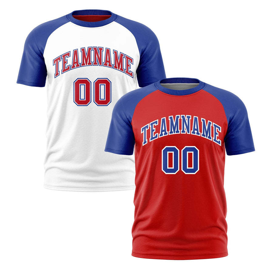 Custom Red Royal Blue White T-shirt Reversible Raglan Sleeves Moisture-Wicking | BuyFootballJersey