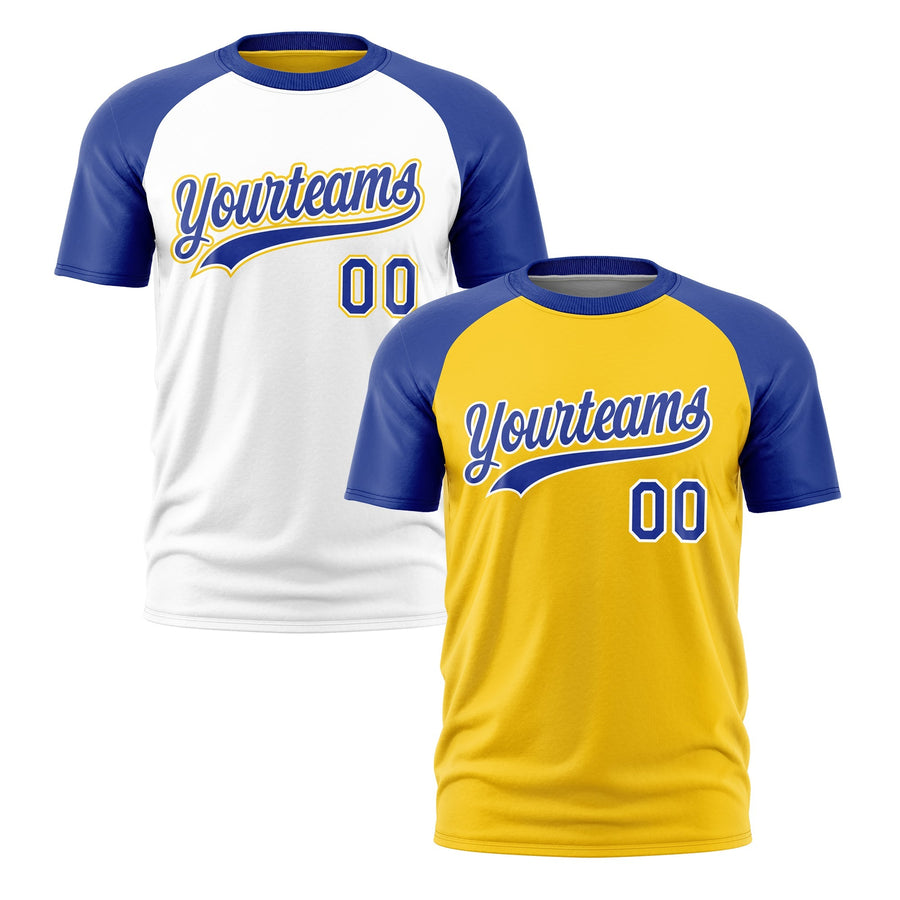 Custom Gold Royal Blue White T-shirt Reversible Raglan Sleeves Moisture-Wicking | BuyFootballJersey