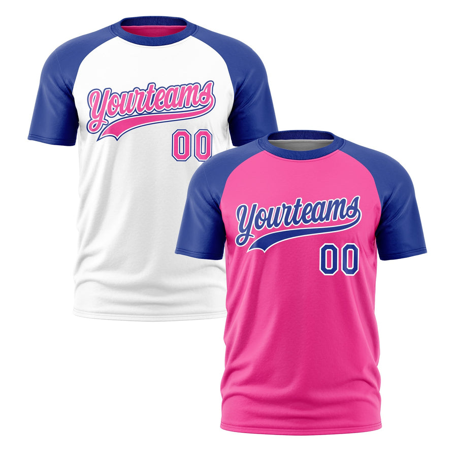 Custom Pink White Royal Blue T-shirt Reversible Raglan Sleeves Quick Dry | BuyFootballJersey