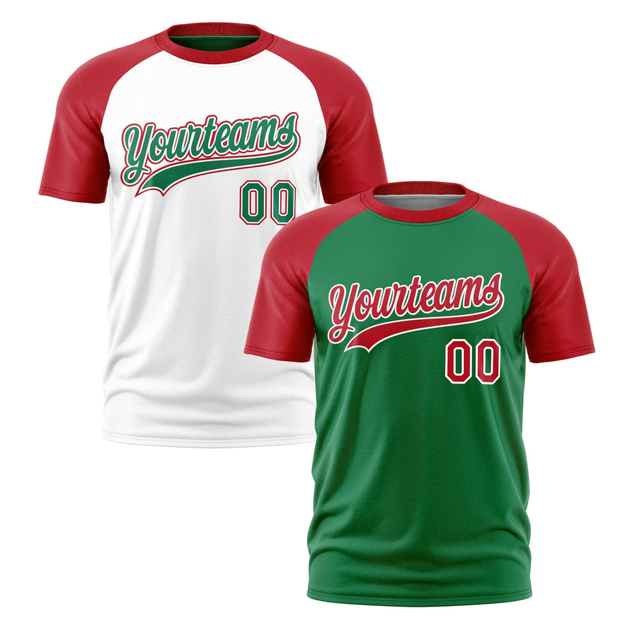 Custom Kelly Green Red White T-shirt Reversible Raglan Sleeves Quick Dry | BuyFootballJersey