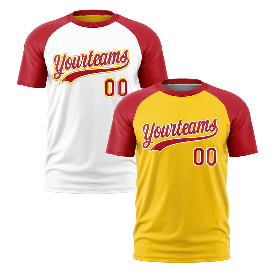 Custom Gold Red White T-shirt Reversible Raglan Sleeves Moisture-Wicking | BuyFootballJersey
