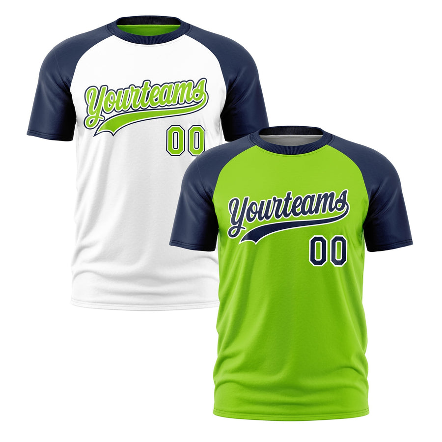 Custom Neon Green Navy White T-shirt Reversible Raglan Sleeves Moisture-Wicking | BuyFootballJersey