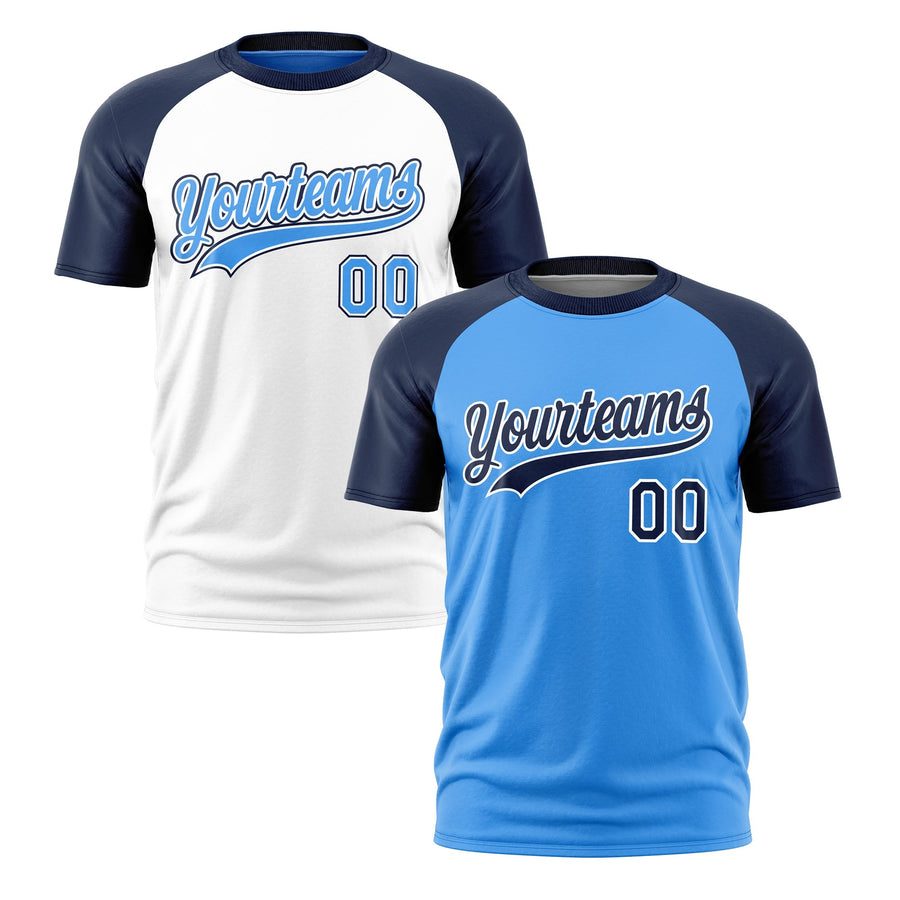 Custom Powder Blue Navy White T-shirt Reversible Raglan Sleeves Quick Dry | BuyFootballJersey