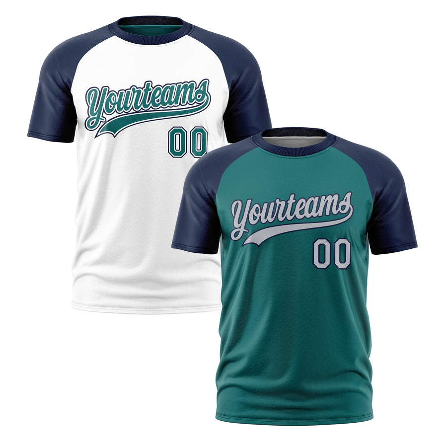 Custom Teal Navy Silver T-shirt Reversible Raglan Sleeves Moisture-Wicking | BuyFootballJersey